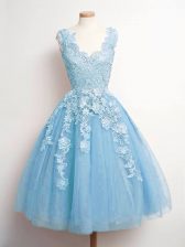 Edgy Knee Length Lace Up Dama Dress Baby Blue for Prom and Party and Wedding Party with Lace