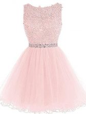  Sleeveless Tulle Mini Length Zipper Homecoming Dress in Pink with Beading and Lace and Appliques and Ruffles