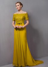  Yellow Empire Chiffon Off The Shoulder Short Sleeves Lace Zipper Prom Dress Sweep Train