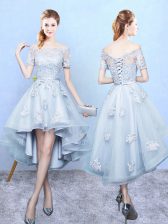  Light Blue Tulle Lace Up Dama Dress for Quinceanera Short Sleeves High Low Lace