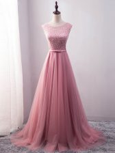 Attractive Sleeveless Tulle Brush Train Lace Up Prom Dress in Pink with Beading and Belt