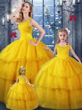 Glittering Gold Sweet 16 Dress Military Ball and Sweet 16 and Quinceanera with Ruffled Layers Straps Sleeveless Lace Up