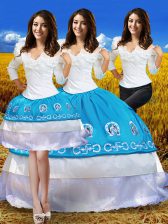  Off The Shoulder 3 4 Length Sleeve Sweet 16 Dresses Floor Length Embroidery and Ruffles Blue And White Taffeta