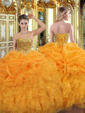  Beading and Ruffles Quinceanera Gowns Orange Lace Up Sleeveless Floor Length