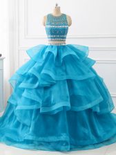  Baby Blue Sleeveless Beading and Ruffles Backless Quinceanera Gown