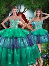 Sexy Turquoise Ball Gowns Beading and Ruffled Layers Vestidos de Quinceanera Lace Up Organza Sleeveless Floor Length