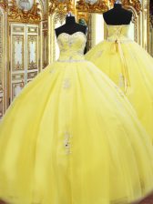 Fitting Yellow Tulle Lace Up Quinceanera Gowns Sleeveless Floor Length Beading and Appliques