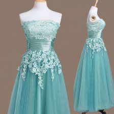 Free and Easy Sleeveless Lace Up Tea Length Appliques Quinceanera Dama Dress