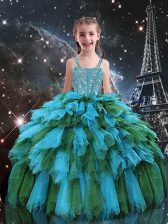  Teal Sleeveless Floor Length Beading and Ruffles Lace Up Little Girls Pageant Gowns