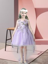  V-neck Sleeveless Flower Girl Dress High Low Lace and Bowknot Lavender Tulle
