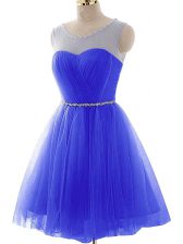 Extravagant Blue A-line Beading and Ruching Prom Evening Gown Lace Up Tulle Sleeveless Mini Length