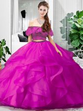 Stunning Fuchsia Two Pieces Lace and Ruffles Sweet 16 Quinceanera Dress Lace Up Tulle Sleeveless Floor Length