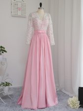 Beauteous Floor Length Zipper Baby Pink for Prom and Party and Military Ball with Beading
