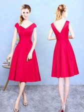  Red Damas Dress Wedding Party with Ruching V-neck Cap Sleeves Zipper