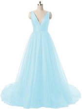 Spectacular V-neck Sleeveless Prom Dresses Brush Train Ruching Aqua Blue Organza