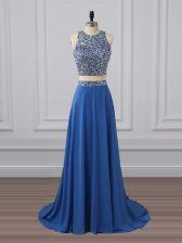 Pretty Scoop Sleeveless Prom Gown Floor Length Beading and Sequins Blue Chiffon