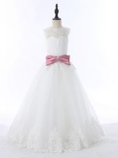  White Sleeveless Floor Length Lace and Bowknot Zipper Girls Pageant Dresses