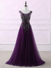  Appliques and Embroidery Prom Gown Eggplant Purple Zipper Sleeveless Sweep Train