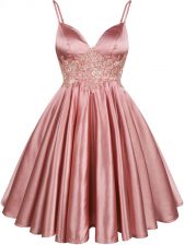  Pink Spaghetti Straps Neckline Lace Dama Dress for Quinceanera Sleeveless Lace Up