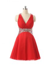Artistic Chiffon V-neck Sleeveless Criss Cross Beading Prom Evening Gown in Red