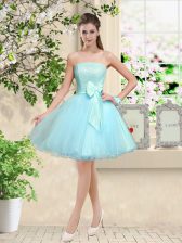 Trendy Sleeveless Organza Knee Length Lace Up Quinceanera Dama Dress in Aqua Blue with Lace and Belt