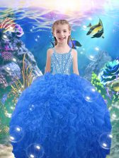  Baby Blue Ball Gowns Beading and Ruffles Kids Pageant Dress Lace Up Organza Sleeveless Floor Length