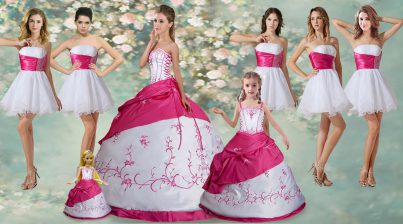  Strapless Sleeveless 15 Quinceanera Dress Floor Length Embroidery and Pick Ups White Taffeta