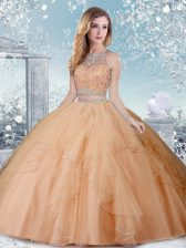  Champagne Ball Gowns Tulle Scoop Sleeveless Beading Floor Length Clasp Handle Ball Gown Prom Dress