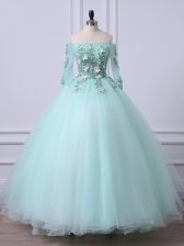  Tulle Off The Shoulder 3 4 Length Sleeve Lace Up Beading Quinceanera Gown in Apple Green
