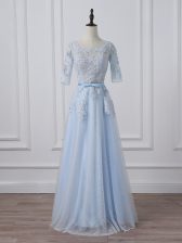 Beauteous Light Blue Scoop Lace Up Beading and Lace and Appliques Evening Dress 3 4 Length Sleeve