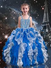 Customized Blue Sleeveless Floor Length Beading and Ruffles Lace Up Kids Formal Wear