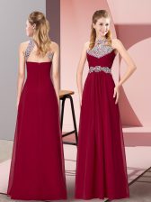 Glorious Burgundy Empire Halter Top Sleeveless Chiffon Floor Length Zipper Beading and Ruching Prom Party Dress