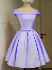 Artistic Knee Length Lavender Quinceanera Court Dresses Off The Shoulder Cap Sleeves Lace Up
