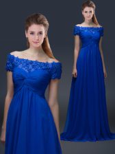  Blue Empire Appliques Prom Dress Lace Up Chiffon Short Sleeves Floor Length