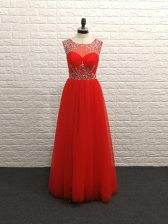  Red Backless Evening Dress Beading Sleeveless Floor Length