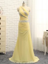  Yellow Sleeveless Brush Train Beading and Ruching Floor Length Prom Dress