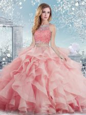  Baby Pink Tulle Clasp Handle Sweet 16 Dress Sleeveless Floor Length Beading and Ruffles