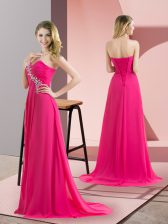  Hot Pink Sleeveless Floor Length Beading Lace Up Prom Dresses