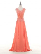 Watermelon Red Scoop Zipper Lace and Appliques Evening Dress Sleeveless