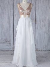  White Court Dresses for Sweet 16 Prom and Party and Wedding Party with Ruffles and Sequins V-neck Sleeveless Backless