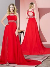 On Sale Red Sleeveless Brush Train Beading Evening Dress