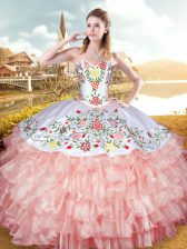  Ball Gowns Quinceanera Dresses Peach Sweetheart Organza and Taffeta Sleeveless Floor Length Lace Up