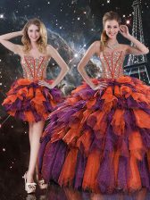Custom Fit Sleeveless Floor Length Beading and Ruffles and Ruffled Layers Lace Up Sweet 16 Dress with Multi-color