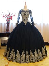  Floor Length Lace Up 15th Birthday Dress Navy Blue for Sweet 16 and Quinceanera with Appliques
