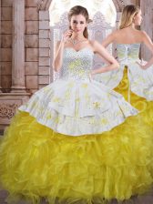  Sleeveless Organza Floor Length Lace Up 15th Birthday Dress in Yellow And White with Beading and Appliques and Ruffles