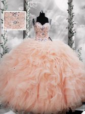 Modern Straps Sleeveless Lace Up Quinceanera Gown Peach Tulle