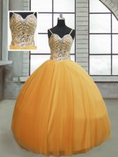  Gold Sleeveless Tulle Lace Up Quinceanera Dress for Military Ball and Sweet 16 and Quinceanera