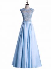  Sleeveless Floor Length Beading and Lace Zipper Homecoming Dress with Light Blue