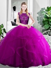  Fuchsia Tulle Zipper Scoop Sleeveless Floor Length Quinceanera Dresses Lace and Ruffles
