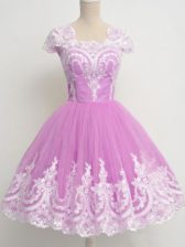 Low Price Knee Length Zipper Quinceanera Court of Honor Dress Lilac for Prom and Party and Wedding Party with Lace